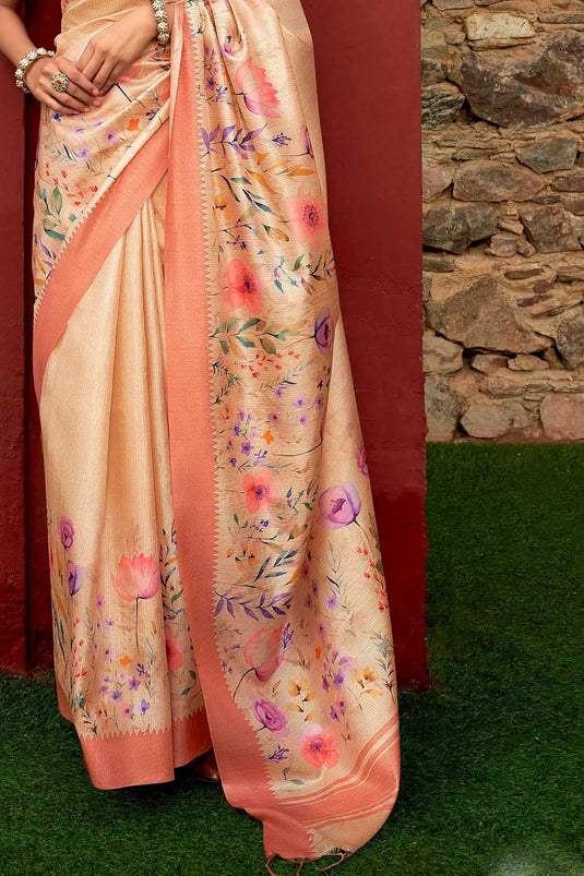 Art Silk Fabric Peach Color Patterned Floral Printed Saree