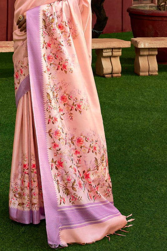 Pink Color Sober Floral Printed Saree In Art Silk Fabric