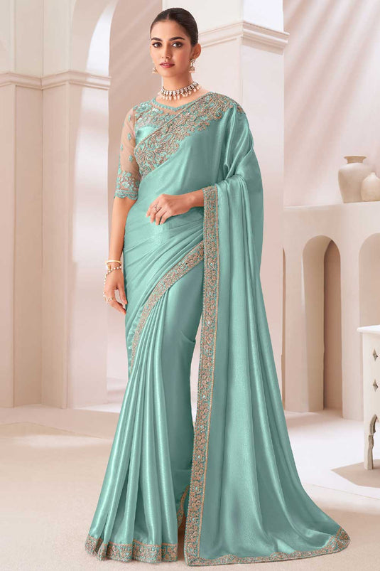 Tempting Chiffon Fabric Sea Green Color Saree With Border Work