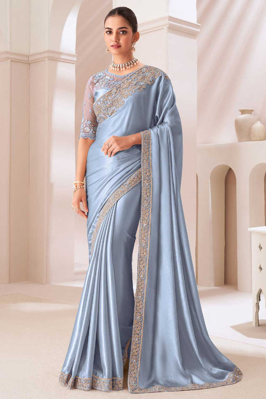 Engaging Sky Blue Color Chiffon Fabric Saree With Border Work