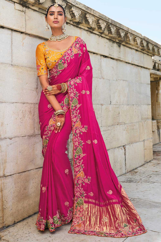 Rani Color Heavy Embroidered Work Gajji Fabric Charismatic Saree