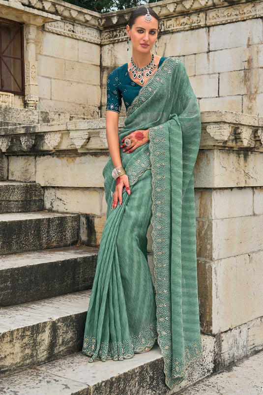 Tissue Fabric Heavy Embroidered Work Sea Green Color Phenomenal Saree