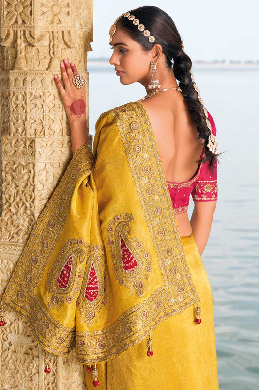 Heavy Embroidered Work Crepe Fabric Mustard Color Magnificent Saree