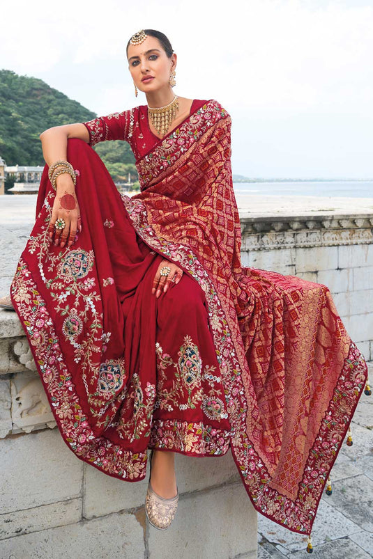 Heavy Embroidered Work Silk Fabric Maroon Color Supreme Saree