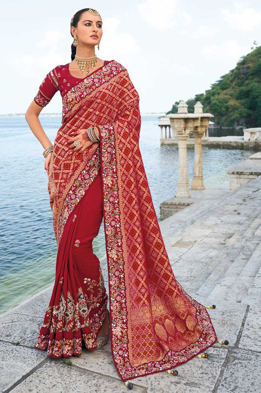 Heavy Embroidered Work Silk Fabric Maroon Color Supreme Saree