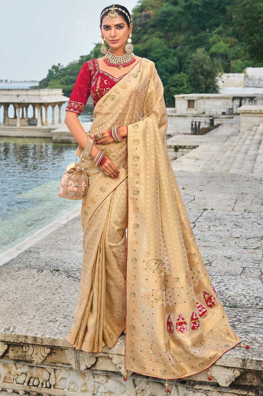 Kanjivaram Fabric Heavy Embroidered Work Vintage Beige Color Saree