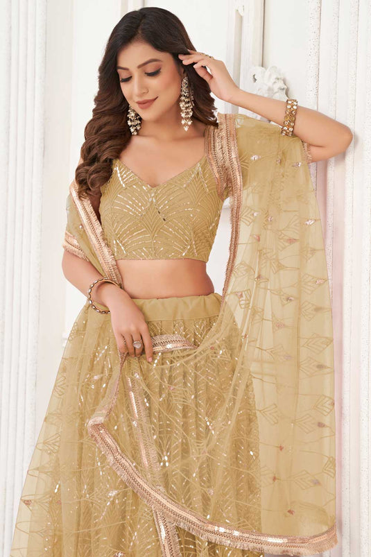 Net Fabric Beige Color Stylish Look Lehenga