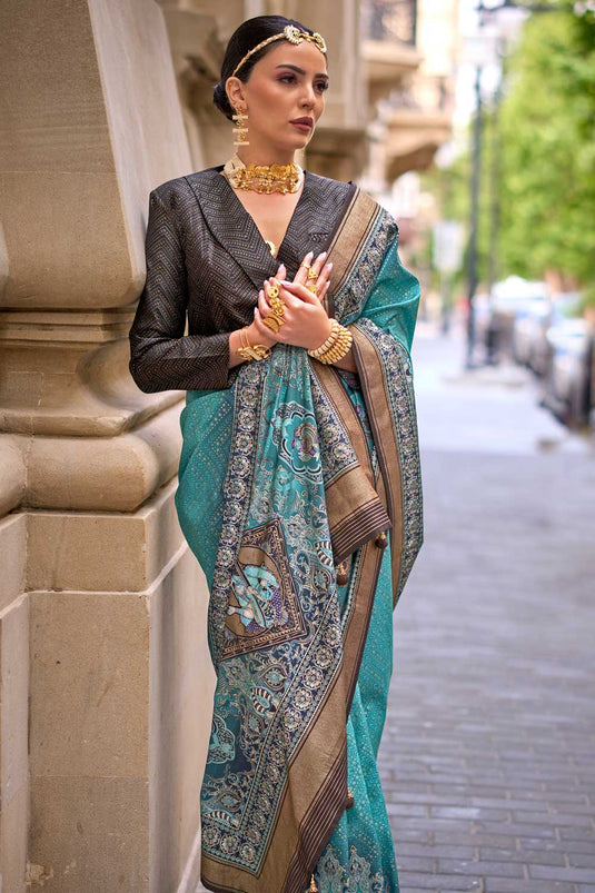 Engaging Cyan Color Viscose Fabric Printed Saree