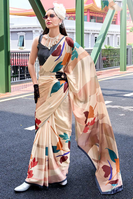 Cream Color Printed Satin Fabric Stunning Casual Wear Saree