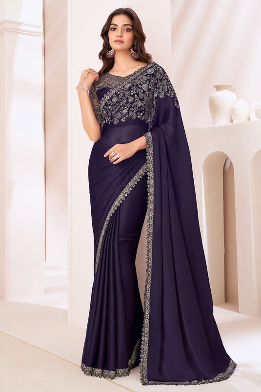 Opulent Navy Blue Charm Chiffon Satin Saree