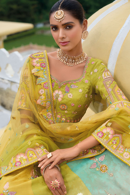 Champagne Green Pure Silk Heavy Embroidered Bridal Lehenga Choli