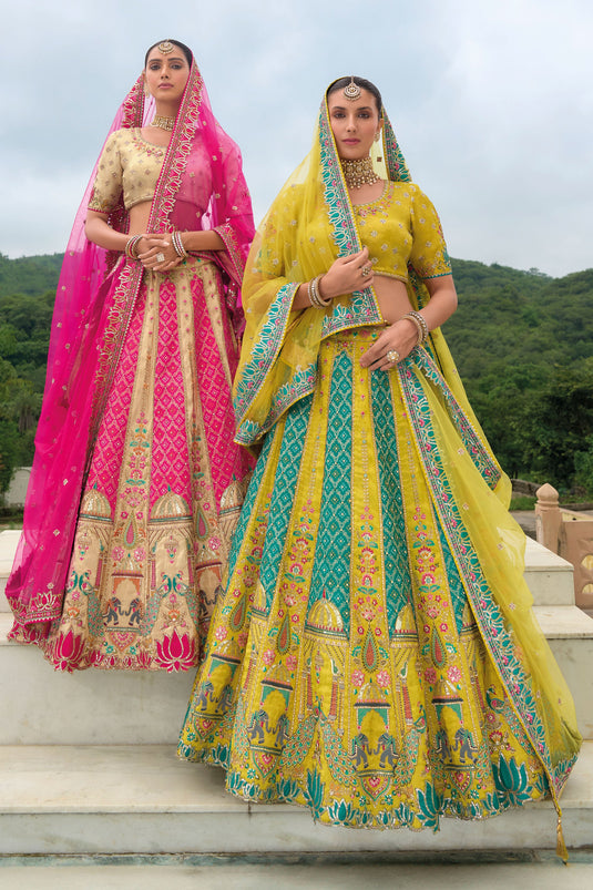 Sapphire Yellow Pure Silk Heavy Embroidered Bridal Lehenga Choli