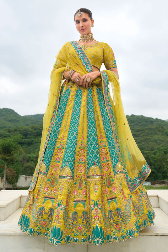 Sapphire Yellow Pure Silk Heavy Embroidered Bridal Lehenga Choli