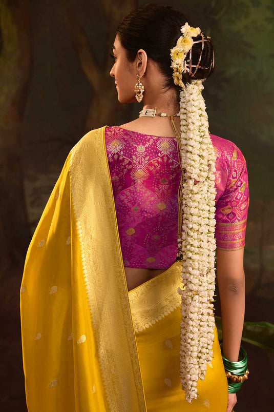 Weaving Work On Crepe Silk Fabric Bewitching Saree In Yellow Color