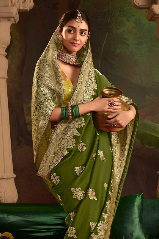 Weaving Work On Green Color Crepe Silk Fabric Trendy Saree