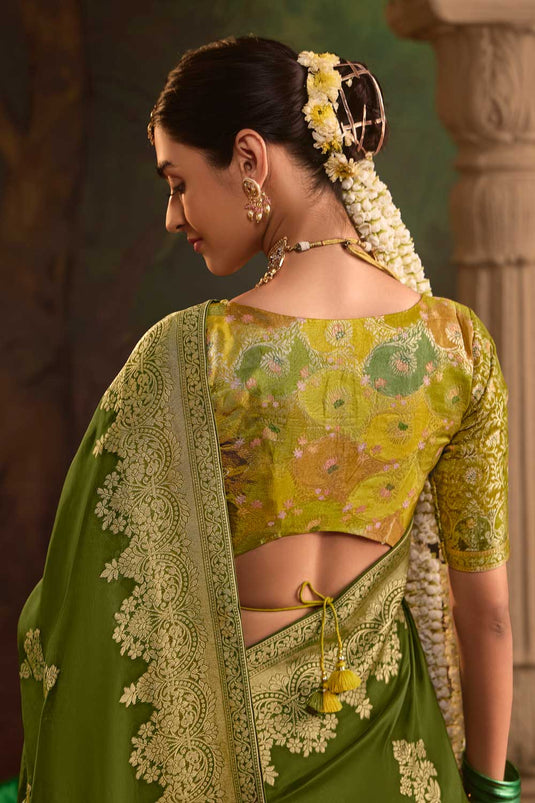 Weaving Work On Green Color Crepe Silk Fabric Trendy Saree