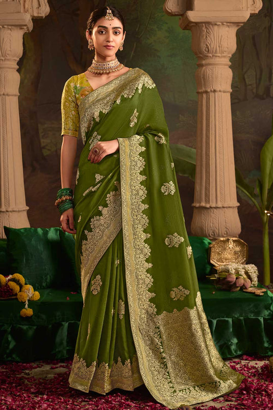 Weaving Work On Green Color Crepe Silk Fabric Trendy Saree