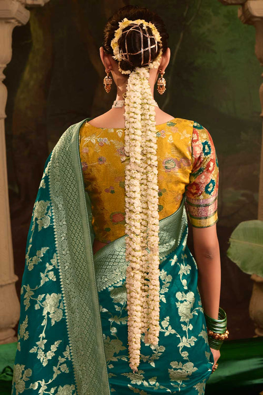 Teal Color Crepe Silk Fabric Engaging Saree With Weaving Work