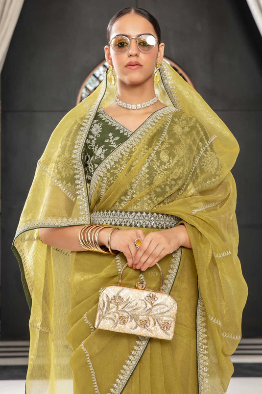 Function special Yellow Color Lace Work Organza Saree