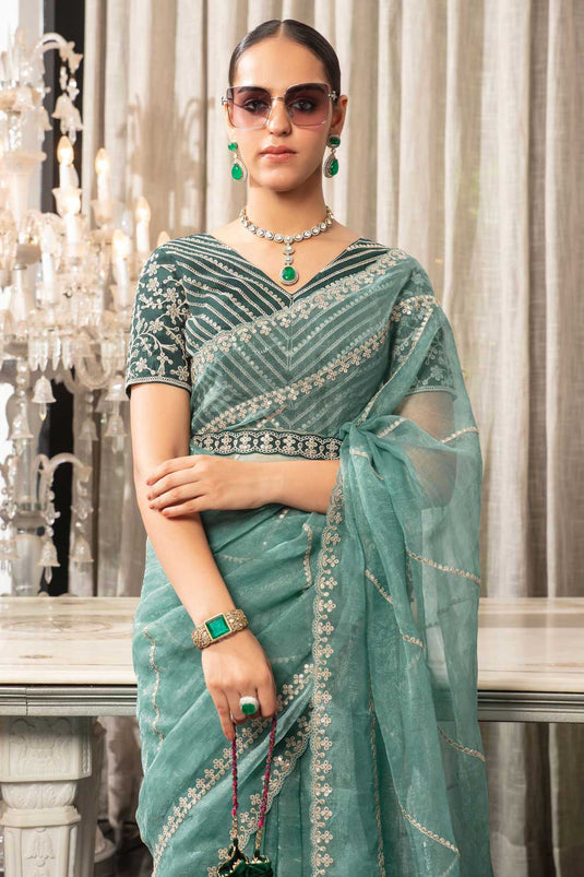 Elegant Lace Work Light Cyan Color Function Wear Organza Saree