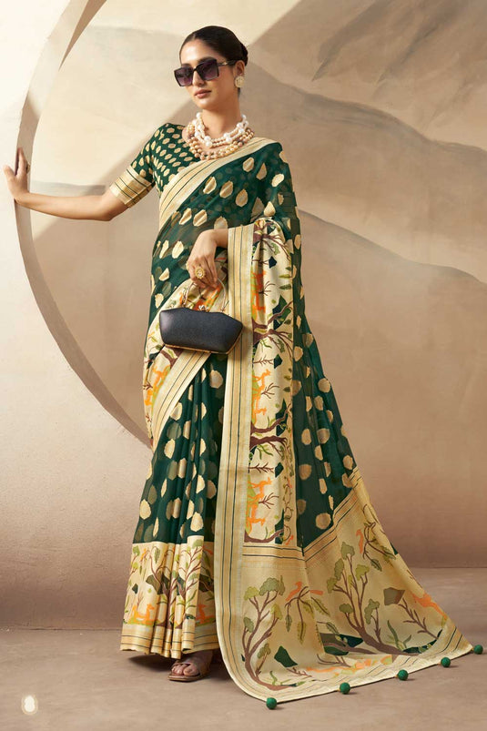 Radiant Printed Work On Dark Green Color Georgette Fabric Saree