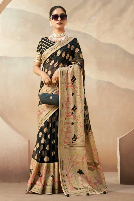 Incredible Printed Work On Georgette Fabric Black Color Saree