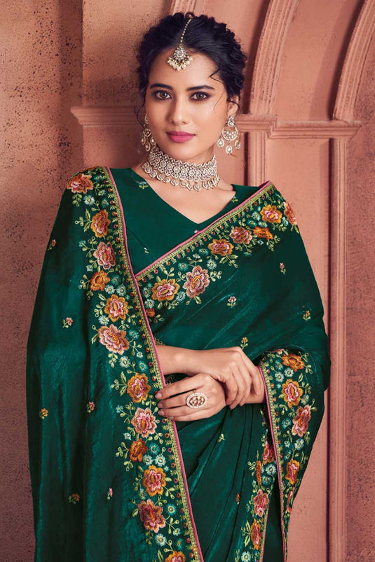 Green Color Gorgeous Organza Saree With Embroidered Work