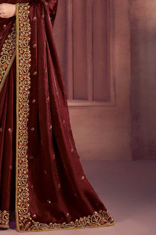 Maroon Color Embroidered Work Pleasant Organza Saree