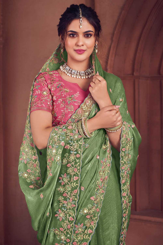 Embroidered Work Imposing Organza Saree In Sea Green Color