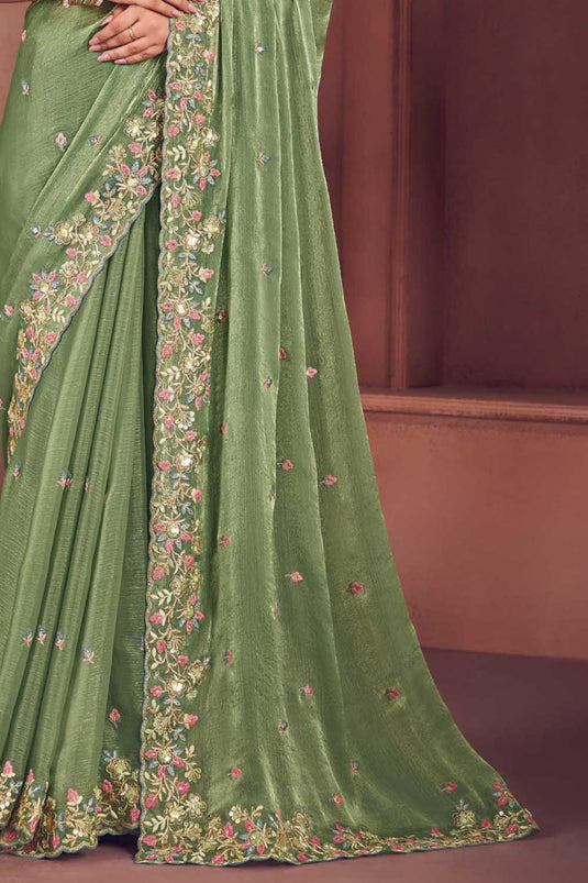 Embroidered Work Imposing Organza Saree In Sea Green Color