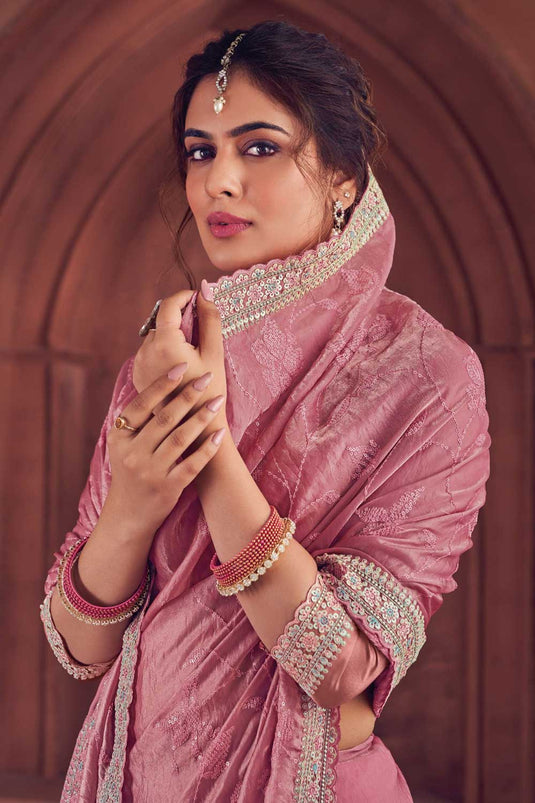 Embroidered Work Soothing Organza Saree In Pink Color