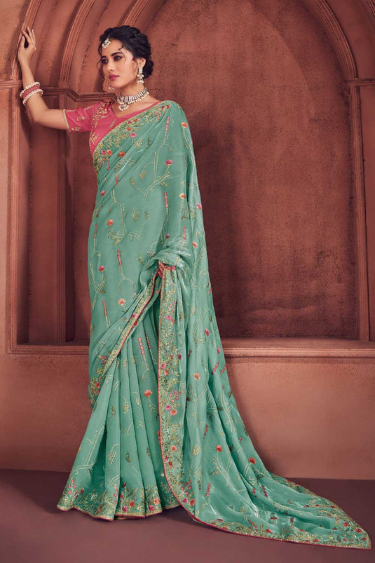 Light Cyan Color Glorious Organza Saree With Embroidered Work