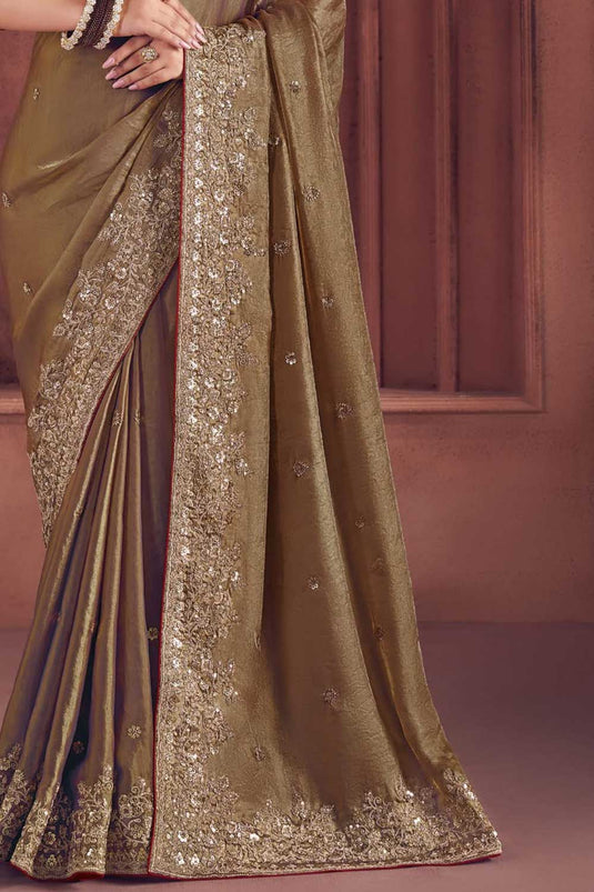 Delicate Dark Beige Color Embroidered Work Organza Saree