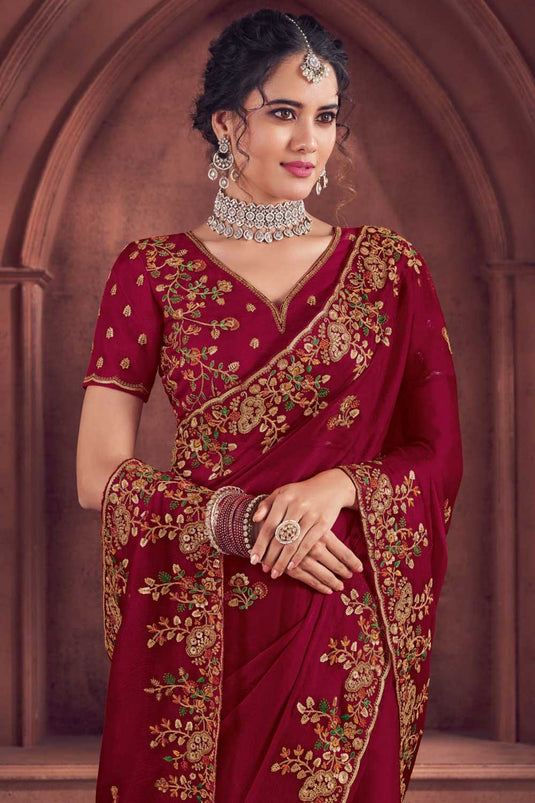 Blazing Rani Color Embroidered Work Organza Saree