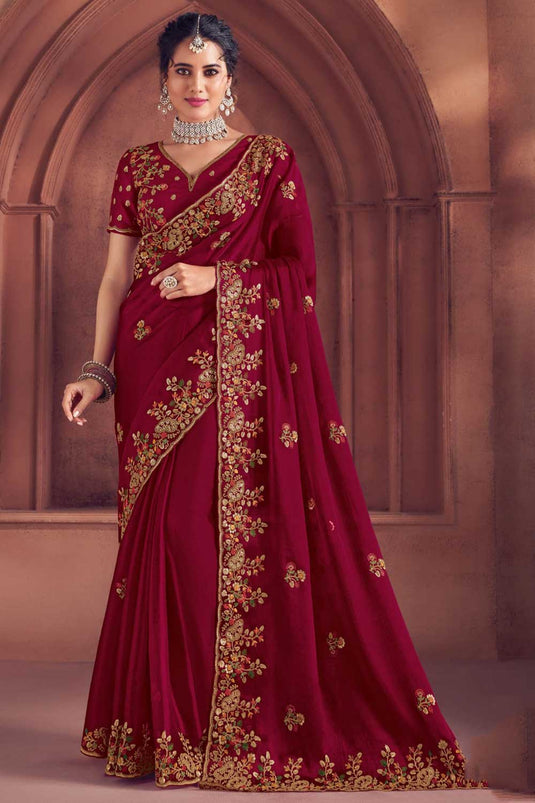 Blazing Rani Color Embroidered Work Organza Saree