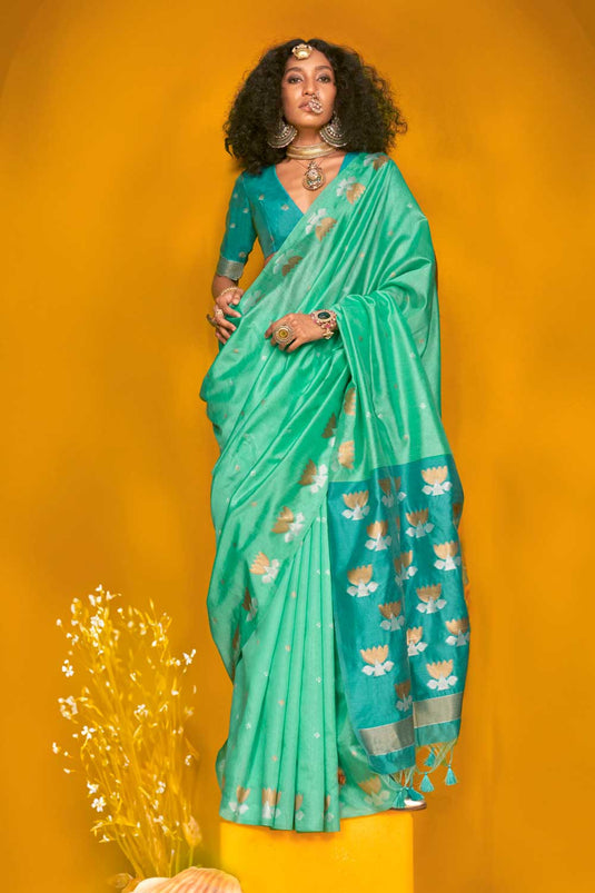 Soothing Art Silk Printed Saree In Sea Green Color