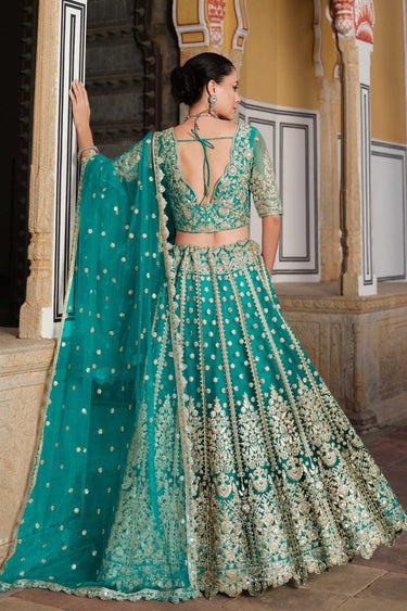 Cyan Color Net Fabric Wedding Wear Beautiful Lehenga Choli