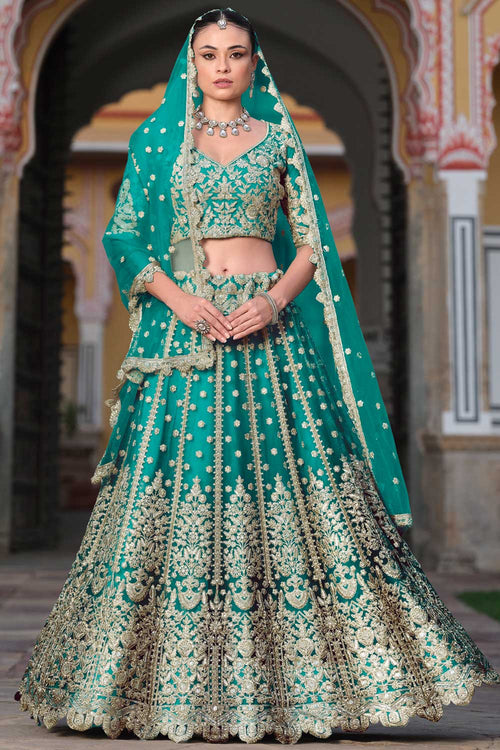 Cyan Color Net Fabric Wedding Wear Beautiful Lehenga Choli