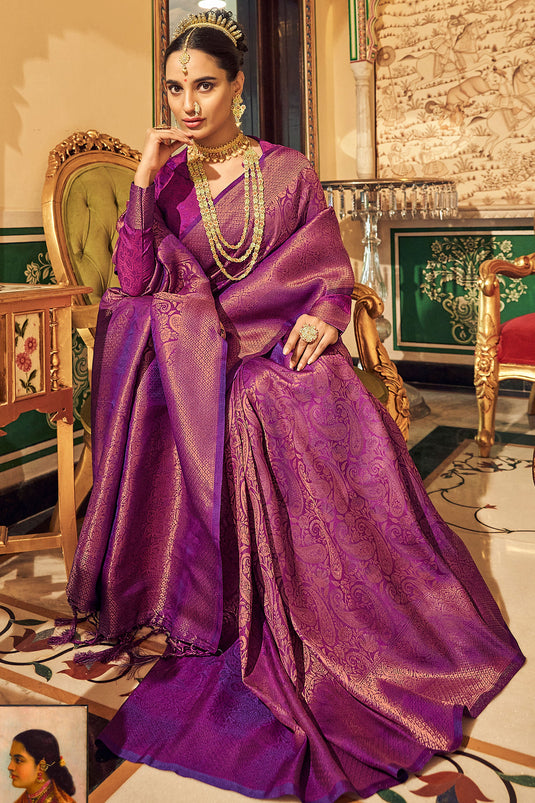 Function Wear Soft Handloom Weaving Silk Saree In Purple Color