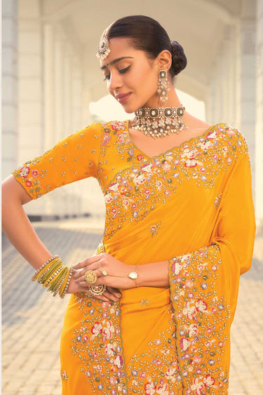 Stone and Thread Work Soothing Crepe Saree In Mustard Color