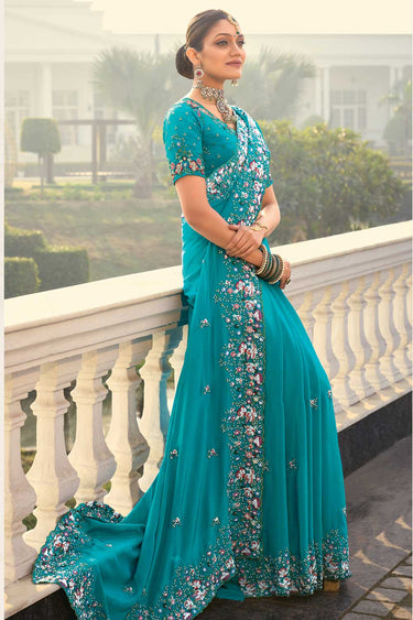 Blazing Cyan Color Embroidered Thread Work Crepe Saree
