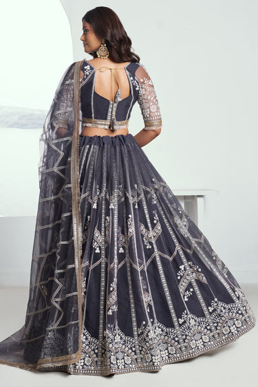 Embroidered Net Fabric Grey Color Sangeet Wear Lehenga Choli