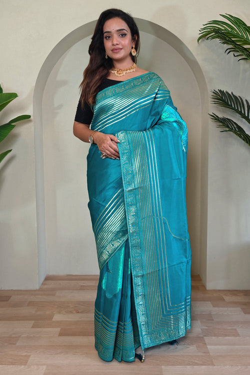 Function Wear Art Silk Weaving Work Saree In Cyan Color
