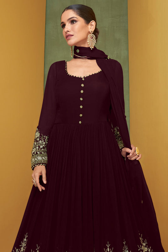 Vartika Singh Incredible Georgette Fabric Maroon Color Anarkali Suit
