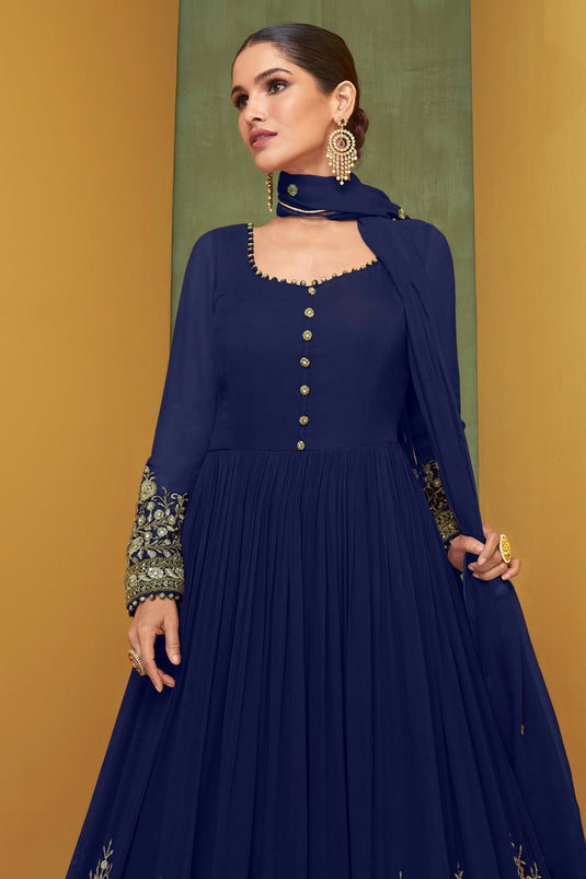 Vartika Singh Engaging Blue Color Georgette Fabric Anarkali Suit