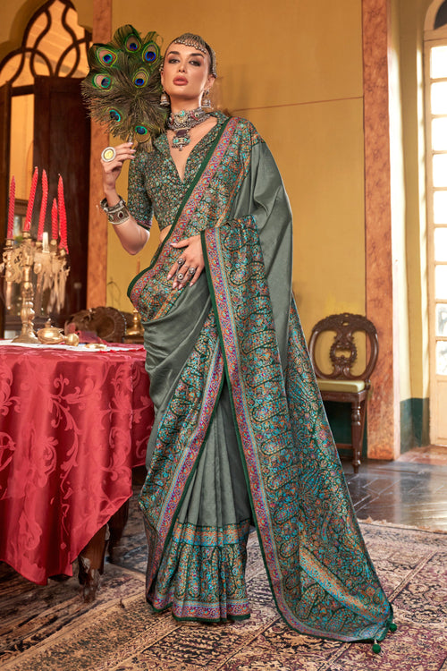 Olive Art Silk Printed Sangeet Wear Saree