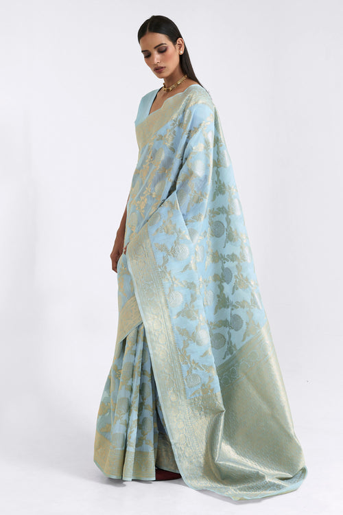 Linen Zari Weaving Work Sky Blue Saree