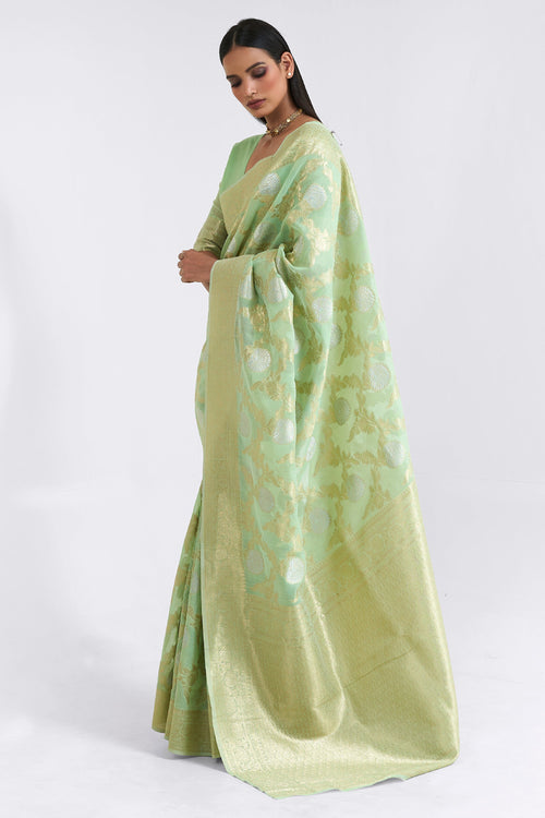 Sea Green Linen Zari Weaving Work Saree For Wedding Wear