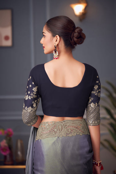 Art Silk Embroidered Lace Border Work Saree In Grey Color