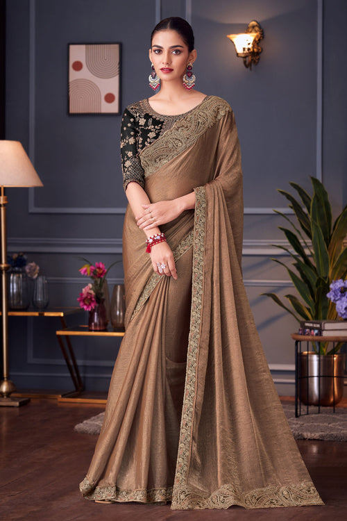 Art Silk Embroidered Lace Border Work Saree In Cream Color